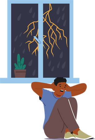 Persona sentada en el interior con aspecto asustado durante una tormenta con relámpagos visibles desde fuera de la ventana  Ilustración