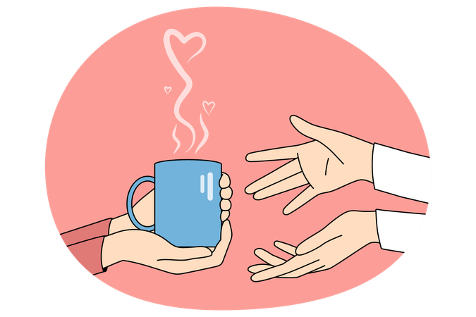 Persona que sostiene una taza con bebida caliente se la da a un amigo.  Ilustración