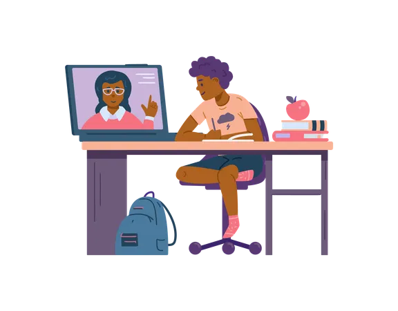 Personagem adolescente estudando online em casa  Ilustração