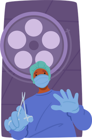 Personagem de cirurgião focado em jaleco manobrando com instrumentos  Ilustração