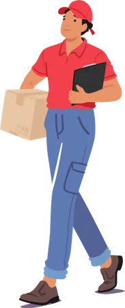Personagem de correio caminha rapidamente com uma caixa na mão e uma prancheta  Ilustração