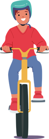 Personagem de criança feliz andando de bicicleta enquanto usa capacete  Ilustração