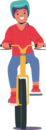 Personagem de criança feliz andando de bicicleta enquanto usa capacete  Ilustração