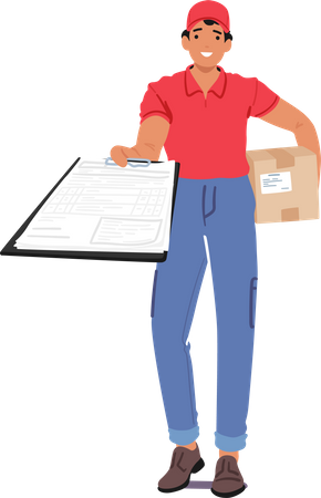 Personagem de correio com pacote apresenta papel para assinatura  Ilustração