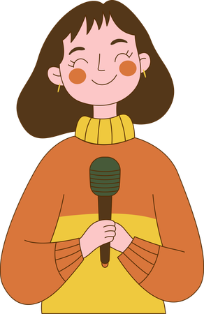 Personagem fofa e inocente de uma garota nerd cantando com um microfone  Ilustração