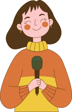 Personagem fofa e inocente de uma garota nerd cantando com um microfone  Ilustração