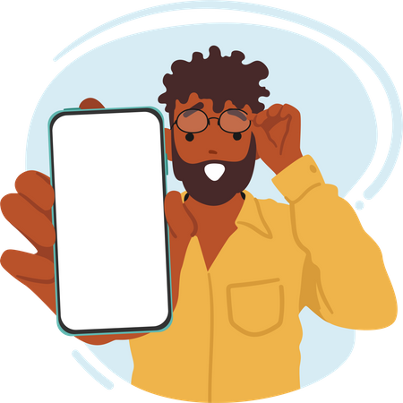 Personagem de homem negro chocado exibindo a tela do smartphone  Illustration