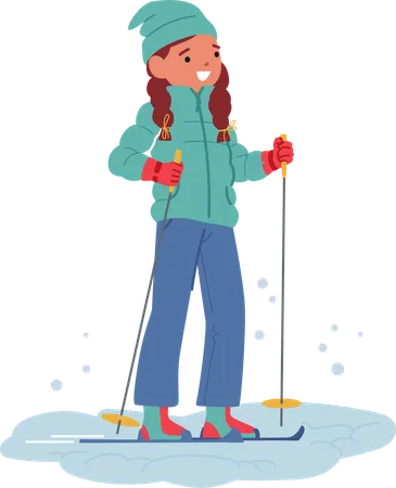 Personagem de menina desliza graciosamente pelas encostas cobertas de neve  Ilustração