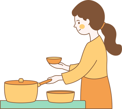 Personagem de mulher fofa está cozinhando com panela na cozinha  Ilustração