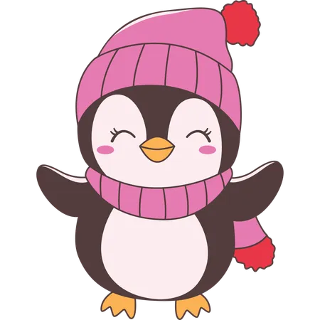 Personagem pinguim fofo usando chapéu xale no inverno  Ilustração