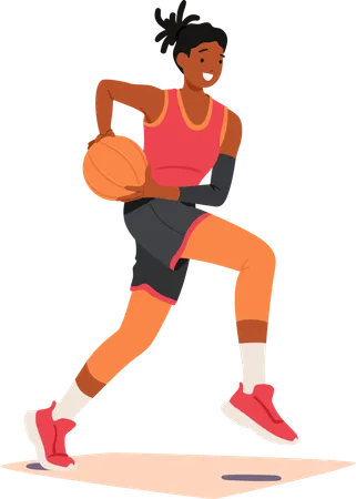 Personagem determinada de jogadora de basquete avança pela quadra  Ilustração