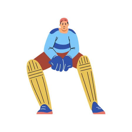 Personagem do wicketkeeper no críquete pronto para pegar a bola  Ilustração