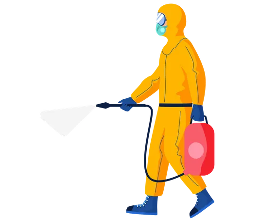 Personagem com roupa de proteção isolada em fundo branco. Homem pulveriza líquido desinfetante  Ilustração