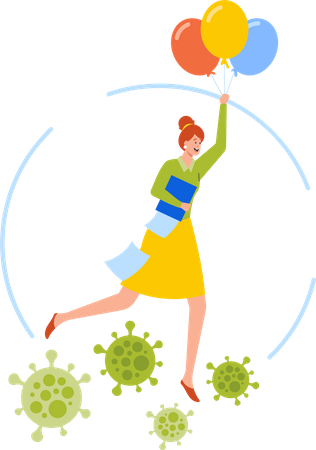 Personagem feminina de negócios voando sobre o vírus Corona em balões  Ilustração