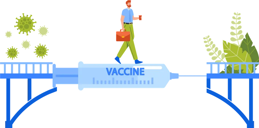 Personagem de empresário confiante atravessa a vacina contra o coronavírus  Ilustração