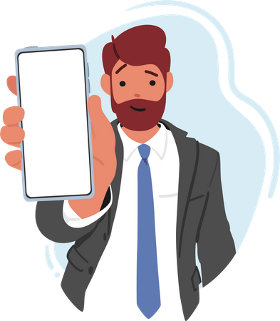 Personagem de empresário apresentando um smartphone com tela em branco  Ilustração