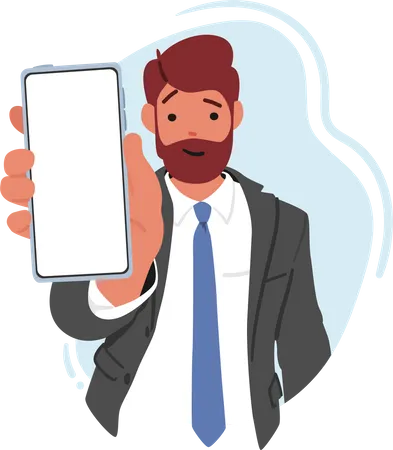 Personagem de empresário apresentando um smartphone com tela em branco  Ilustração