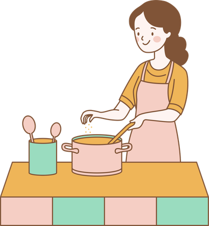 Personagem feminina cozinhando com panela na cozinha  Ilustração