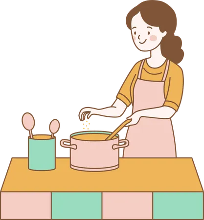 Personagem feminina cozinhando com panela na cozinha  Ilustração