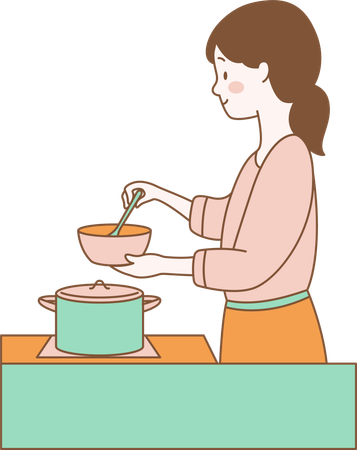 Personagem feminina está cozinhando com panela na cozinha  Ilustração