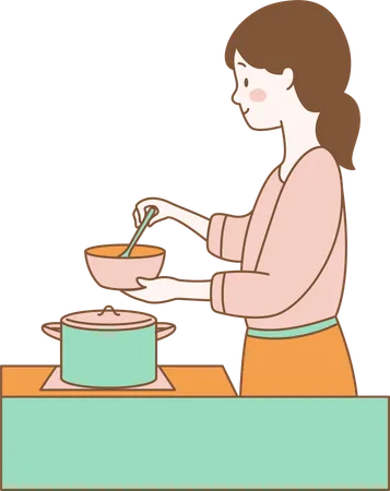 Personagem feminina está cozinhando com panela na cozinha  Ilustração