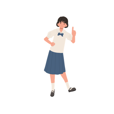 Personagem feminina feliz em uniforme escolar mostrando polegares para cima  Ilustração
