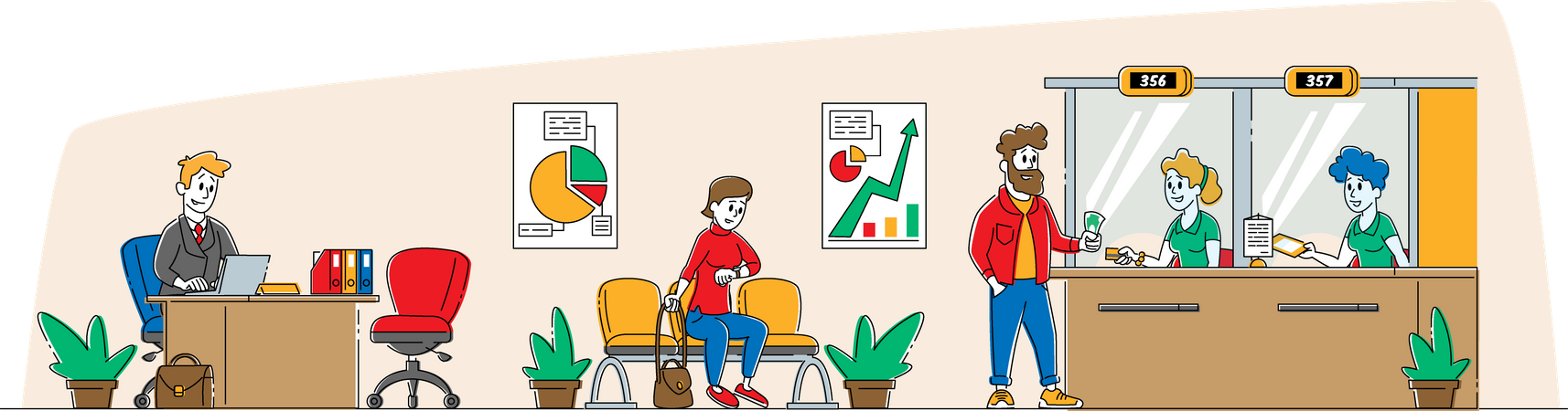 Personagem feminina olha para um relógio de pulso esperando no escritório do banco com trabalhadores e clientes  Ilustração