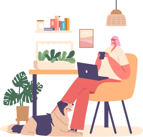 Personagem feminina relaxada sentada com café e laptop em casa com equipamento de cultivo de vegetação na mesa  Ilustração