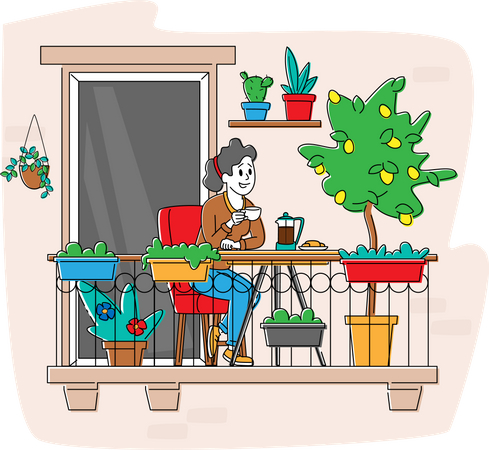 Personagem feminina relaxada sentada em uma poltrona confortável tomando café na varanda de casa com vasos de plantas ou flores  Ilustração