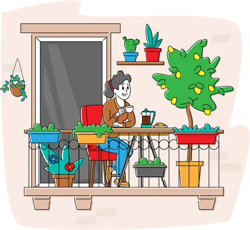 Personagem feminina relaxada sentada em uma poltrona confortável tomando café na varanda de casa com vasos de plantas ou flores  Ilustração