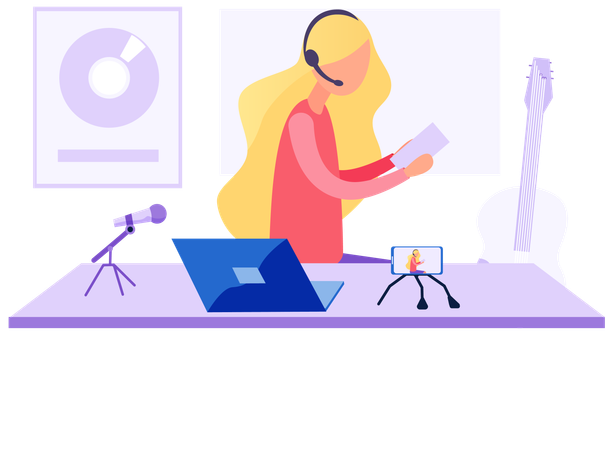 Personagem feminina trabalha no estúdio de gravação  Ilustração