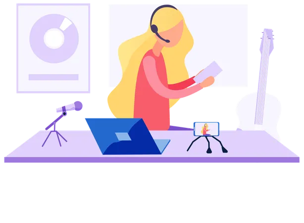 Personagem feminina trabalha no estúdio de gravação  Ilustração