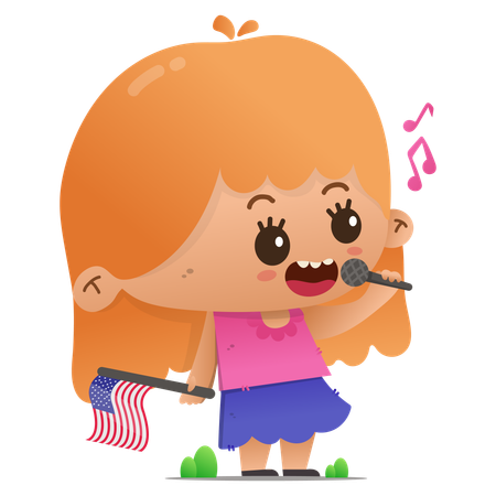 Personagem fofo carregando uma bandeira americana enquanto canta  Ilustração