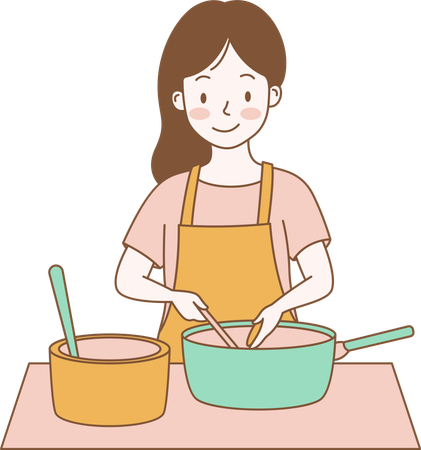 Personagem feminina cozinhando com panela na cozinha  Ilustração