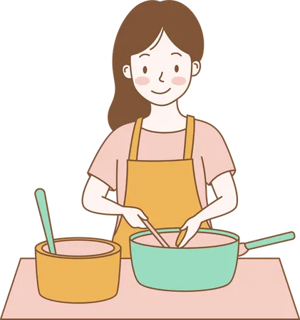 Personagem feminina cozinhando com panela na cozinha  Ilustração