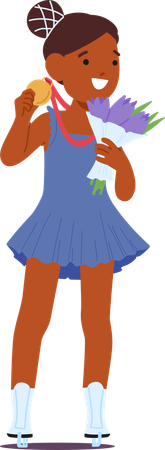 Personagem de menina feliz com penteado e vestido azul segurando buquê de flores  Ilustração