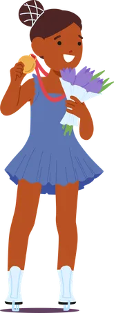 Personagem de menina feliz com penteado e vestido azul segurando buquê de flores  Ilustração