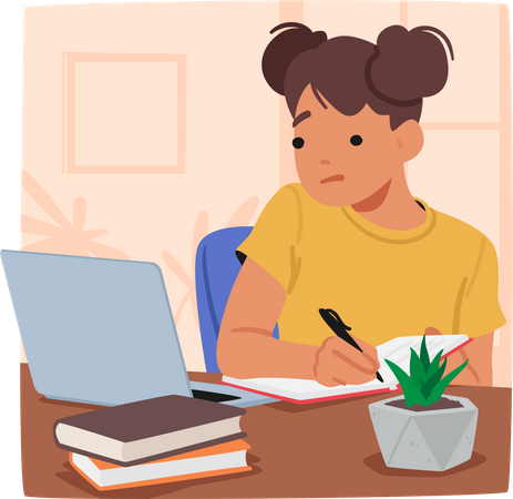 Personagem feminina focada concluindo diligentemente sua lição de casa com laptop  Ilustração