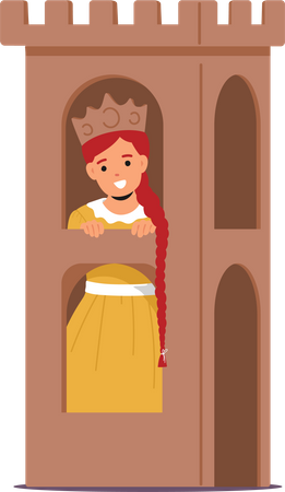 Personagem feminina imaginativa reina como princesa do castelo de papelão  Ilustração