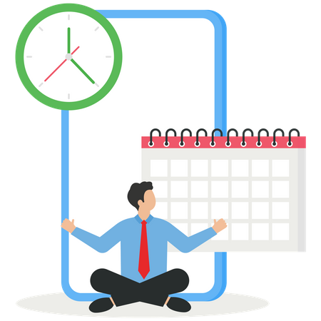Personagem gerenciando tarefas de trabalho e prazos usando um calendário  Ilustração