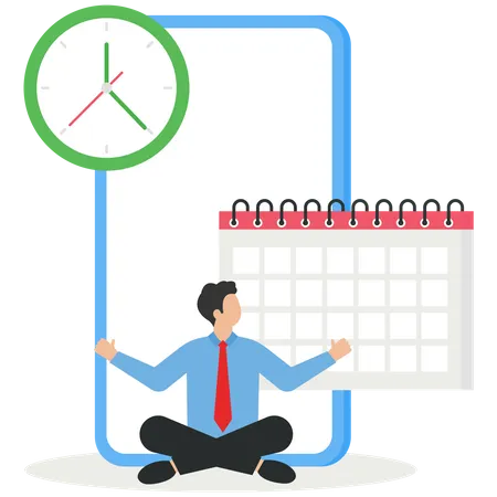 Personagem gerenciando tarefas de trabalho e prazos usando um calendário  Ilustração