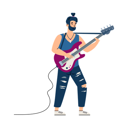 Personagem guitarrista de rock se apresentando no palco  Ilustração