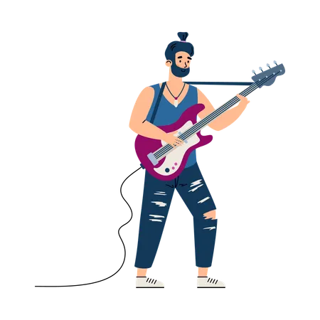 Personagem guitarrista de rock se apresentando no palco  Ilustração