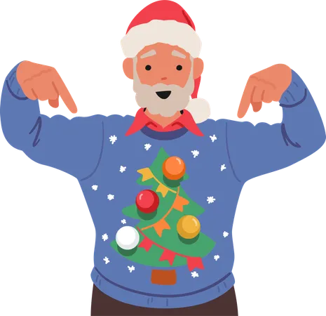 Personagem de homem idoso veste um suéter festivo de Natal com padrão de pinheiro decorado  Ilustração