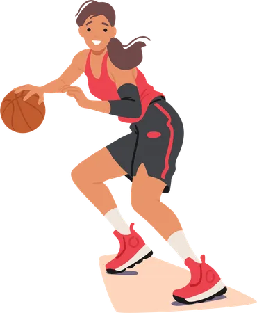 Personagem determinada de jogadora de basquete dribla a bola com velocidade e precisão  Ilustração