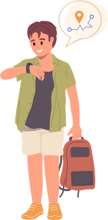 Personagem de jovem escoteiro usando smartwatch para navegação e verificação de rota com aplicativo  Ilustração