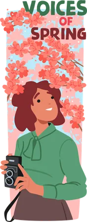 Personagem jovem em meio a sakura florescendo  Ilustração