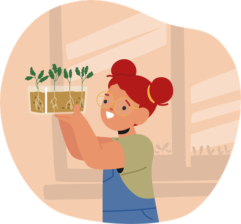 Personagem de menina jovem embalando vasos de plantas em seus braços  Ilustração