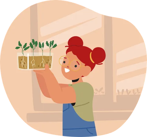 Personagem de menina jovem embalando vasos de plantas em seus braços  Ilustração