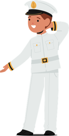 Personagem de menino jovem adornado com traje de capitão branco  Illustration